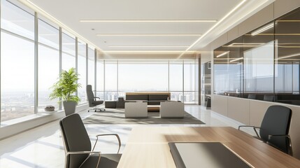 Modern office interior with large windows desk chairs and seating area.
