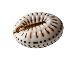 Close-up of a Smooth Spotted Cowrie Shell Isolated on a Plane, Revealing Intricate Details of its Pattern and Form, Perfect for Nature and Seashell Enthusiasts
