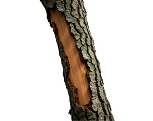 Naklejka premium Close-up of a tree trunk with bark peeling off, revealing the wood beneath, showcasing natural texture and decomposition isolated against a white background