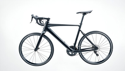 carbon fiber road bike suspended mid-air against a pure white background. Every aerodynamic curve and weave pattern of the frame visible, with deep-gloss paint reflecting studio lights. 8K detail, hyp