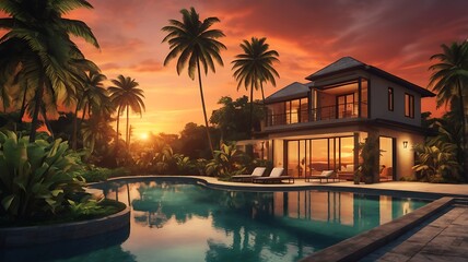 A luxurious villa with a pool at sunset surrounded by palm trees and tropical vegetation view