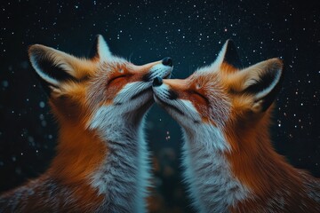 Two foxes are hugging each other in the dark. Scene is warm and affectionate