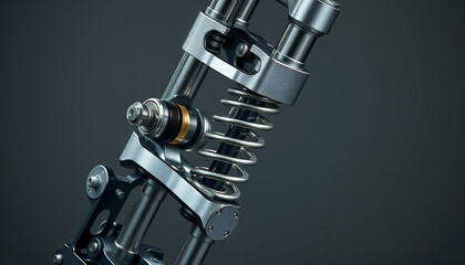 technical shot of a mountain bike suspension fork sliced in half to reveal internal dampers and air springs. Polished aluminum and anodized parts gleaming under focused lighting