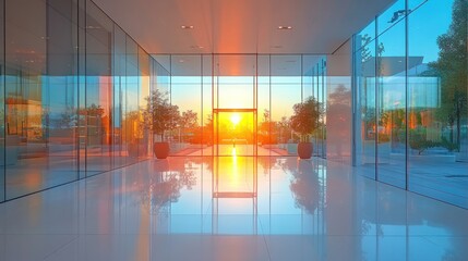 Modern building interior with glass walls and bright light shining through the entrance.