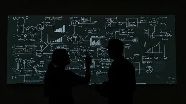 Silhouetted Colleagues Brainstorming Business Strategy on Whiteboard - Two business professionals stand silhouetted against a whiteboard filled with complex diagrams, charts, and equations