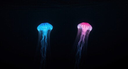 Glowing Jellyfish in Deep Ocean: Bioluminescent Marine Life with Vibrant Colors Underwater World
