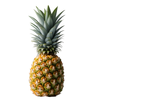 Close-up Studio Shot of a Fresh Pineapple with Green Crown Intact, Standing Tall and Isolated on a Plain Setting Showcasing its Unique Texture and Form