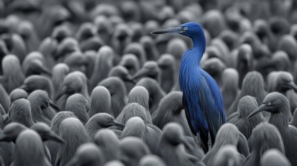 Obraz premium Unique blue bird standing out in a crowd of grey birds, concept of individuality.