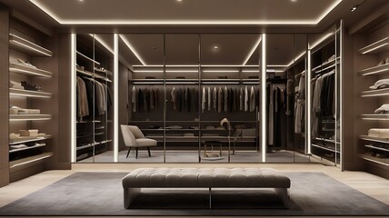 A luxurious walk in closet featuring mirrored doors and elegant seating arrangements with ambient lighting