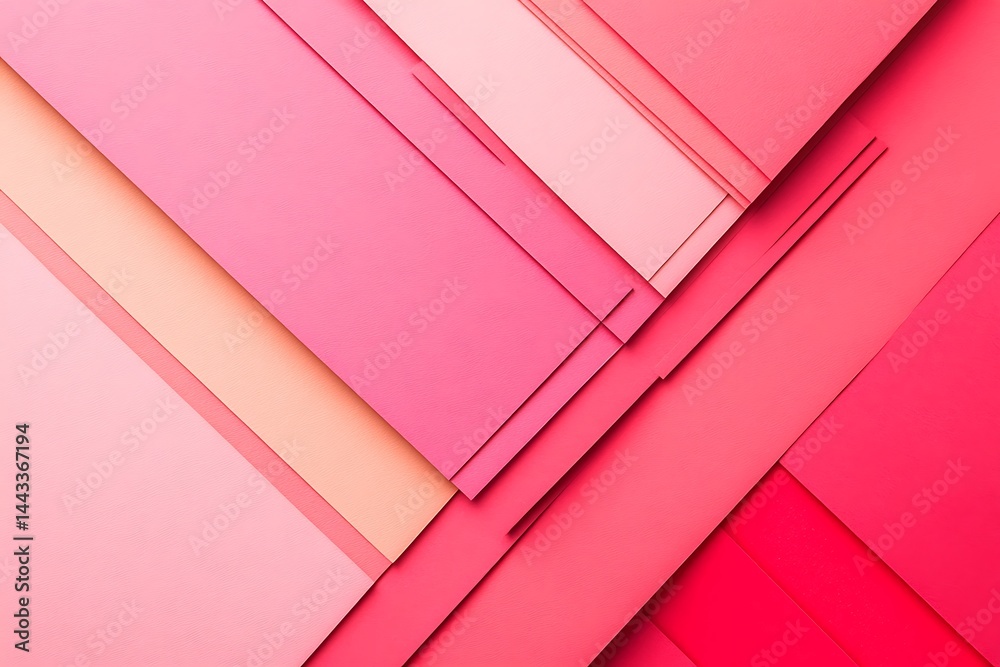 Poster overlapping pink toned paper sheets and geometric shapes with textured surface