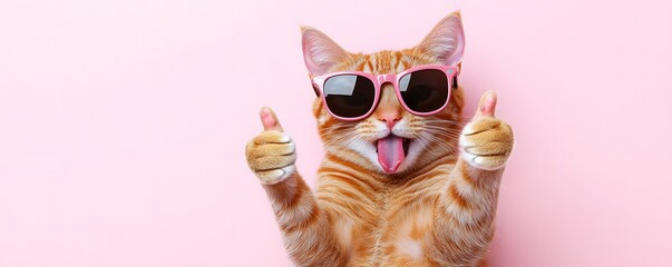 Orange tabby cat wearing sunglasses and giving thumbs up