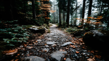 Serene autumnal forest path, rocky trail through woods, sunlight filtering through trees, fallen leaves, moody atmosphere.