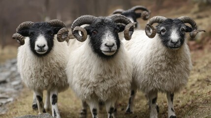 Obraz premium Scottish Blackface Sheep Trio: Horned Wonders in the Highlands