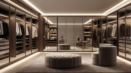 A luxurious walk in closet with mirrored doors and a tufted ottoman in the center of the room