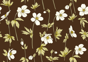 Forest Anemone flowers, decorative flowers and leaves Seamless pattern, background. Vector illustration. In botanical style