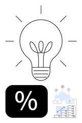 Light bulb radiating ideas, percentage sign symbolizing statistics, and cloud with data flow visuals. Ideal for innovation, analytics, business, finance, technology creativity strategy. Flat simple © robu_s
