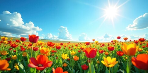 Sun-drenched floral field against a cloudless azure sky , sunlight, rural, petal