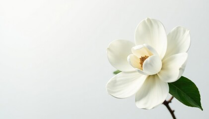 Obraz premium Single magnolia flower against a pure white surface, delicate, green, bloom