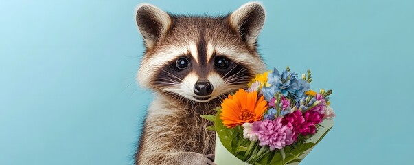 Obraz premium Raccoon presents vibrant floral bouquet against light blue background
