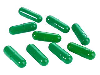 Bulk green capsule pills isolated on white background.