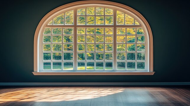 Arched window overlooking a park