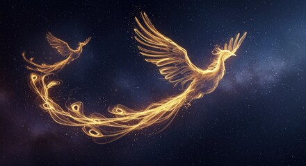 Golden Phoenix Rising: Mythical Firebird Illustration in Starry Night Sky Fantasy Art