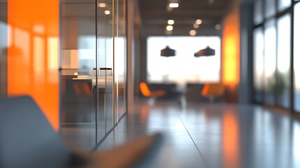 Blurred modern office background with glass partitions and warm accents