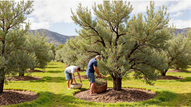 Olive harvesters collecting olives in an orchard during the day  