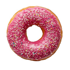 Colorful pink glazed donut with sprinkles on transparent background, close-up of a sweet pastry, dessert, bakery treat, decorated donut, snack, sugary treat.