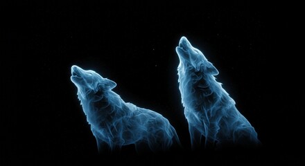 Howling Wolves Blue Spirit: Mystical Animal Pack in Night Sky Illustration Art