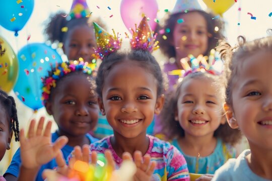 Children's Day Celebration with Happy Kids Smiling in Colorful Party Hats  