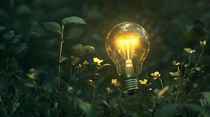 Light bulb forest floor scene conveying concept clean energy environment friendly sustainable lifestyle picture