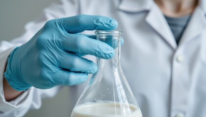 A gloved hand holds a laboratory flask filled with a white liquid, suggesting a scientific or dairy experiment.