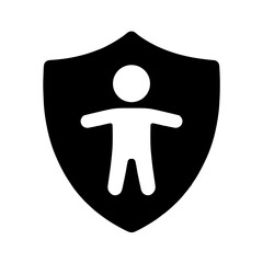 Bold silhouette illustration of a person inside a shield emblem on a white background