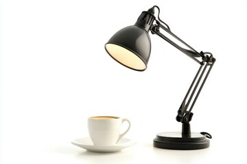 A clean desk with a cup of coffee and a desk lamp, isolated on white background