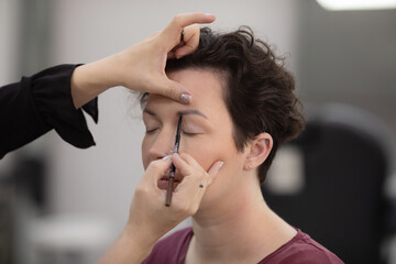 Make-up artist combing eyebrows with a brush to a beautiful young blonde woman with clean skin...