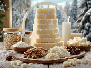 Stacked dessert squares milk nuts and flour on a wood table in front of a snowy mountain forest scene