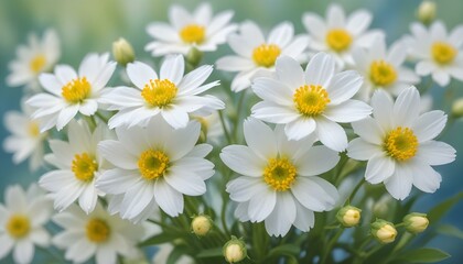 Fototapeta premium A beautiful display of white daisies with bright yellow centers, capturing nature's delicate beauty.