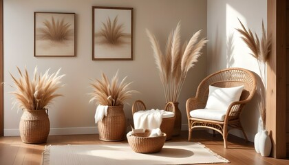 Fototapeta premium A serene interior featuring pampas grass, wicker chair, and framed art, bathed in sunlight.