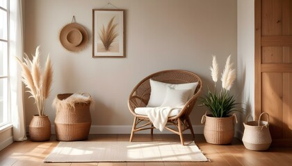 Elegant living room features wicker chair, pampas grass, and a cozy, inviting ambiance.