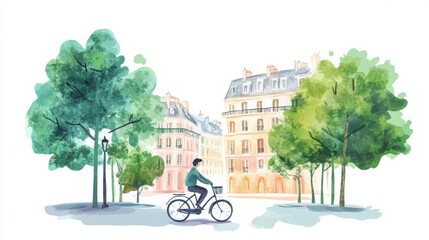 Watercolor Painting Of A Person On A Bike In An Urban Setting