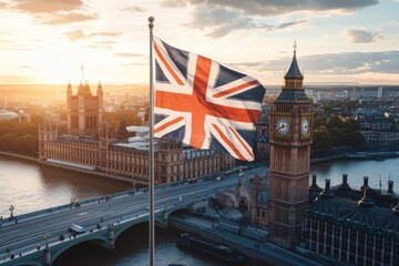 Union jack flag waving with Big Ben and Houses of Parliament in London at sunset in the background