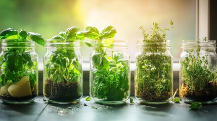 Various cooking herbs like basil and thyme are growing in glass jars on a windowsill.
