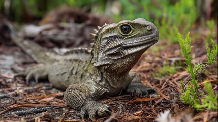 Fototapeta premium Tuatara Portrait: Ancient Reptile in Natural Habitat