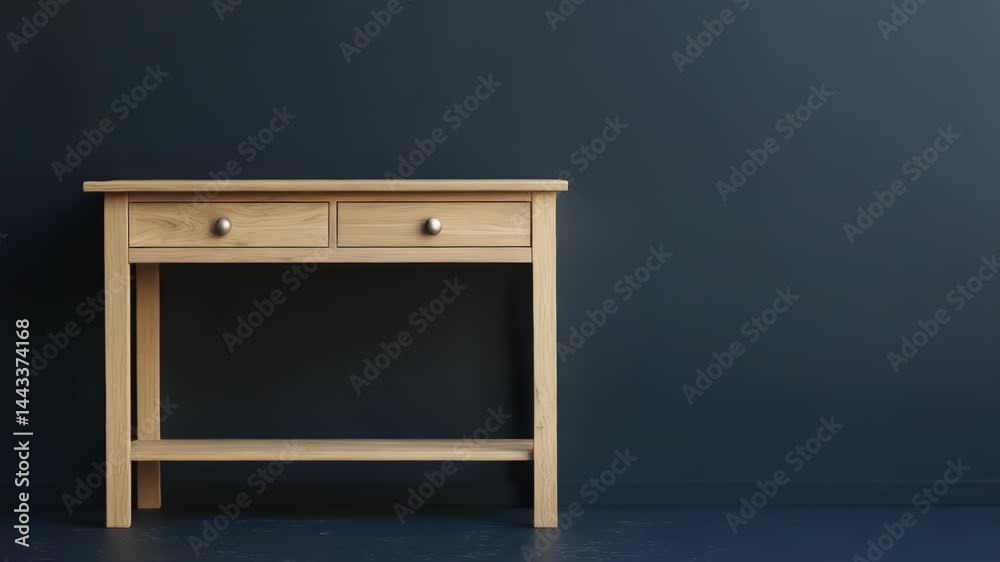 Poster a wooden table with two drawers and a shelf, suitable for office or home use