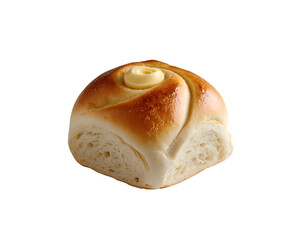 Delicious golden butter bread roll with a swirl of creamy topping, perfect for breakfast or a snack, set against an isolated setting