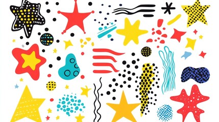 Colorful abstract shapes and stars on white background.