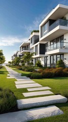Modern waterfront townhouses with lush landscaping