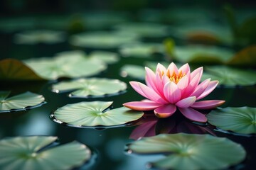Water lilies creating a floral pattern across a still lake, calm, peaceful, still