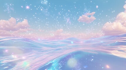 Dreamy pastel landscape with water, sky, clouds, and stars. Serene and magical scene. Perfect for backgrounds and fantasy themes.